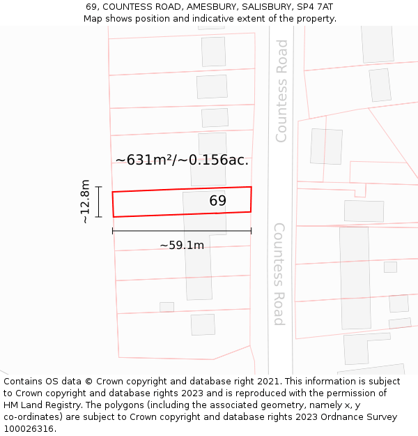 69, COUNTESS ROAD, AMESBURY, SALISBURY, SP4 7AT: Plot and title map