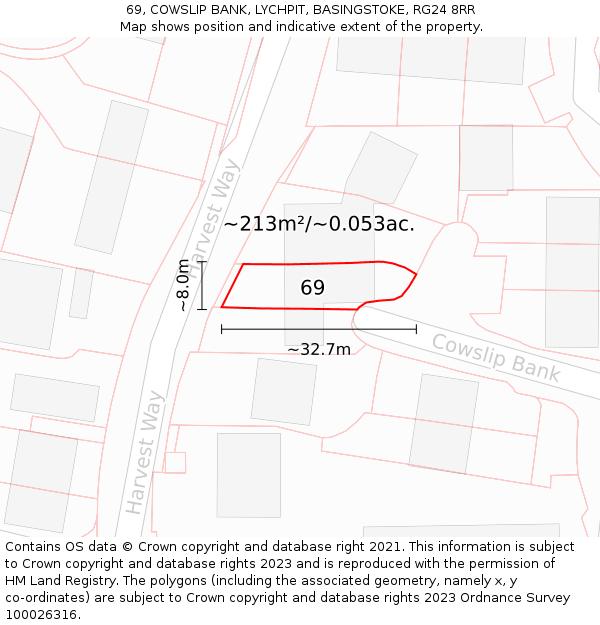 69, COWSLIP BANK, LYCHPIT, BASINGSTOKE, RG24 8RR: Plot and title map