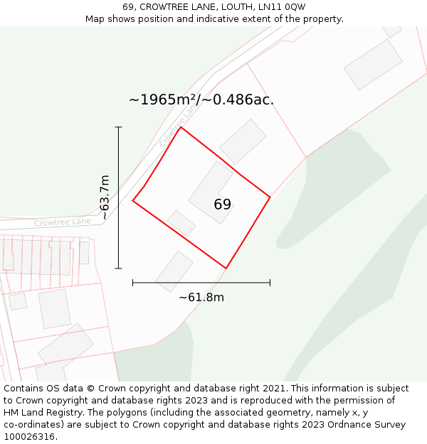 69, CROWTREE LANE, LOUTH, LN11 0QW: Plot and title map