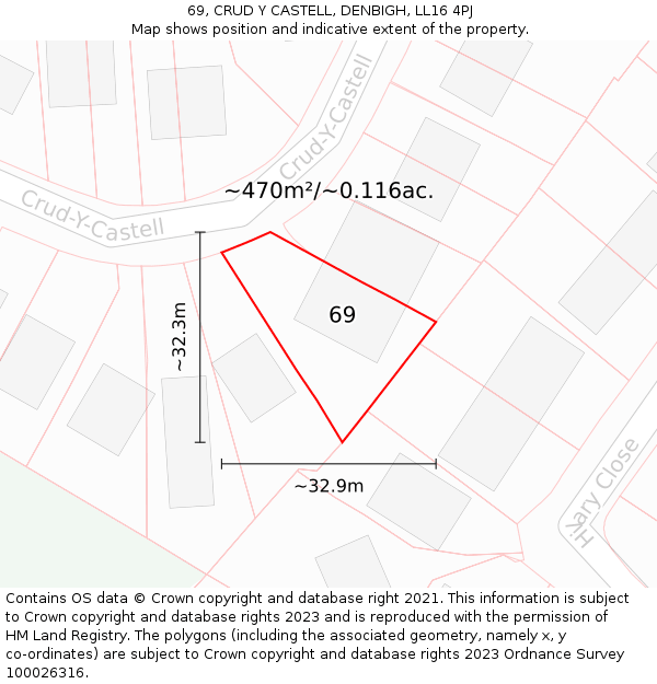 69, CRUD Y CASTELL, DENBIGH, LL16 4PJ: Plot and title map