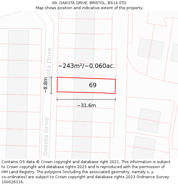 69, DAKOTA DRIVE, BRISTOL, BS14 0TD: Plot and title map