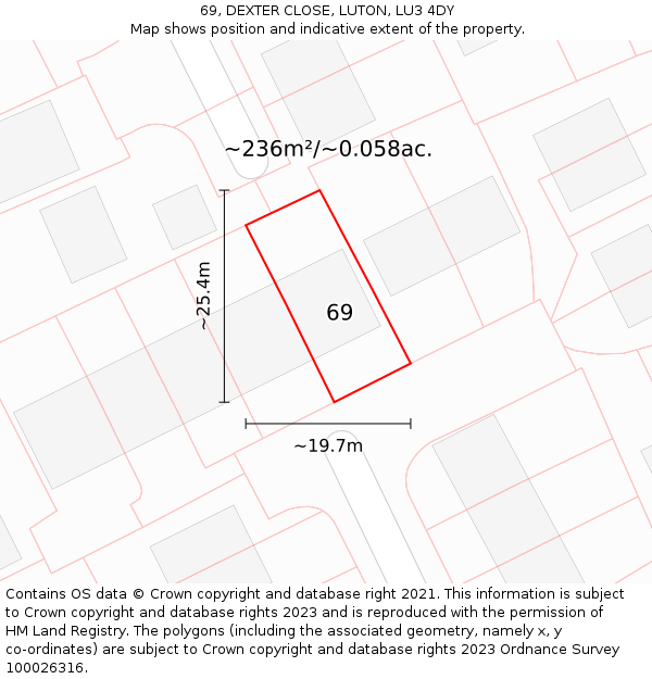 69, DEXTER CLOSE, LUTON, LU3 4DY: Plot and title map