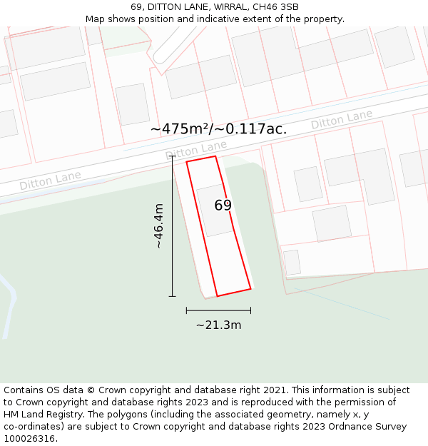 69, DITTON LANE, WIRRAL, CH46 3SB: Plot and title map