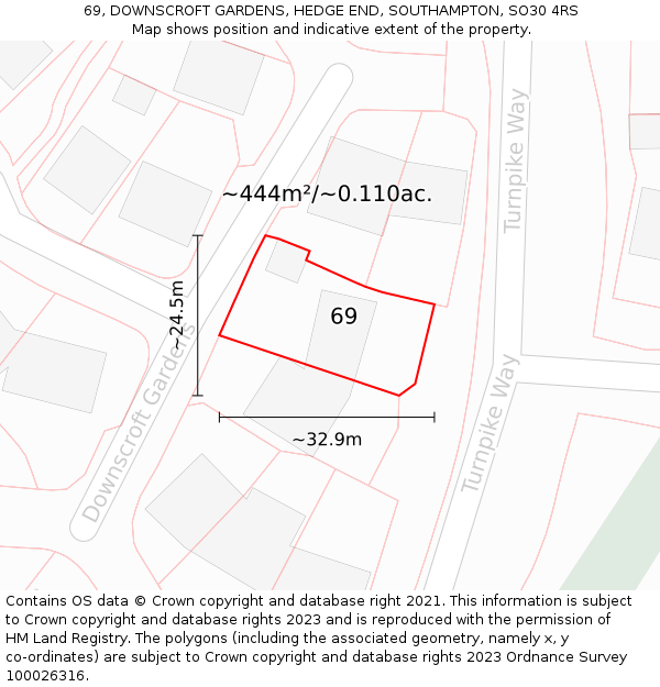 69, DOWNSCROFT GARDENS, HEDGE END, SOUTHAMPTON, SO30 4RS: Plot and title map