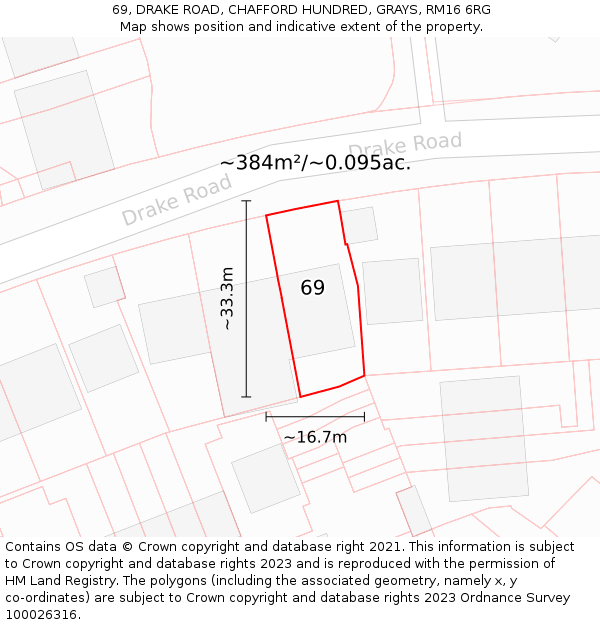 69, DRAKE ROAD, CHAFFORD HUNDRED, GRAYS, RM16 6RG: Plot and title map
