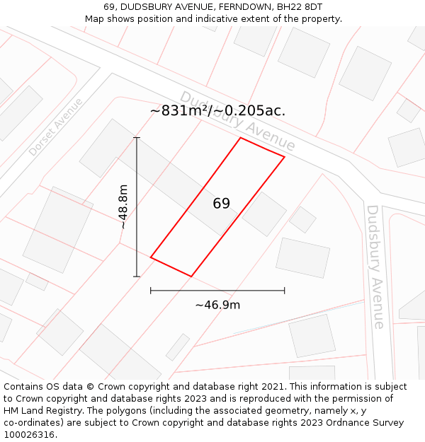 69, DUDSBURY AVENUE, FERNDOWN, BH22 8DT: Plot and title map
