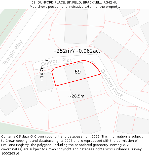 69, DUNFORD PLACE, BINFIELD, BRACKNELL, RG42 4UJ: Plot and title map