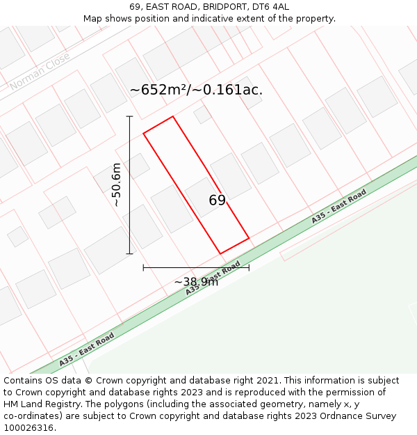 69, EAST ROAD, BRIDPORT, DT6 4AL: Plot and title map