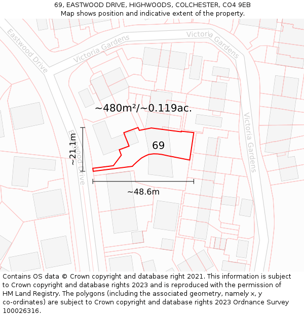 69, EASTWOOD DRIVE, HIGHWOODS, COLCHESTER, CO4 9EB: Plot and title map