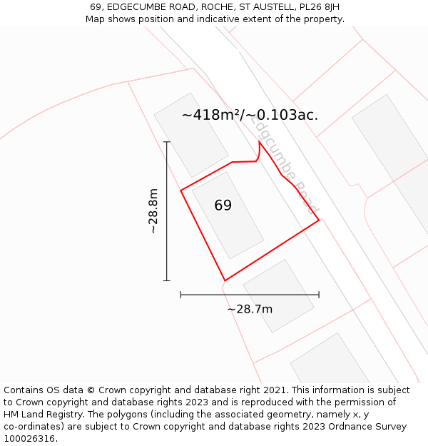 69, EDGECUMBE ROAD, ROCHE, ST AUSTELL, PL26 8JH: Plot and title map