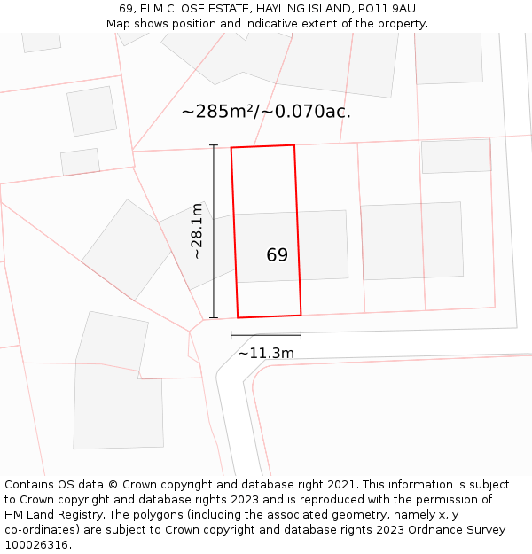 69, ELM CLOSE ESTATE, HAYLING ISLAND, PO11 9AU: Plot and title map