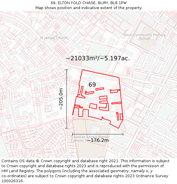 69, ELTON FOLD CHASE, BURY, BL8 1PW: Plot and title map