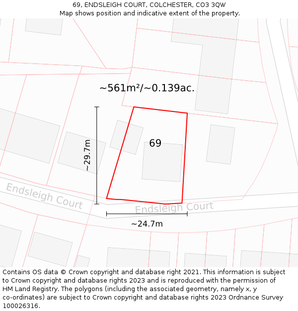 69, ENDSLEIGH COURT, COLCHESTER, CO3 3QW: Plot and title map