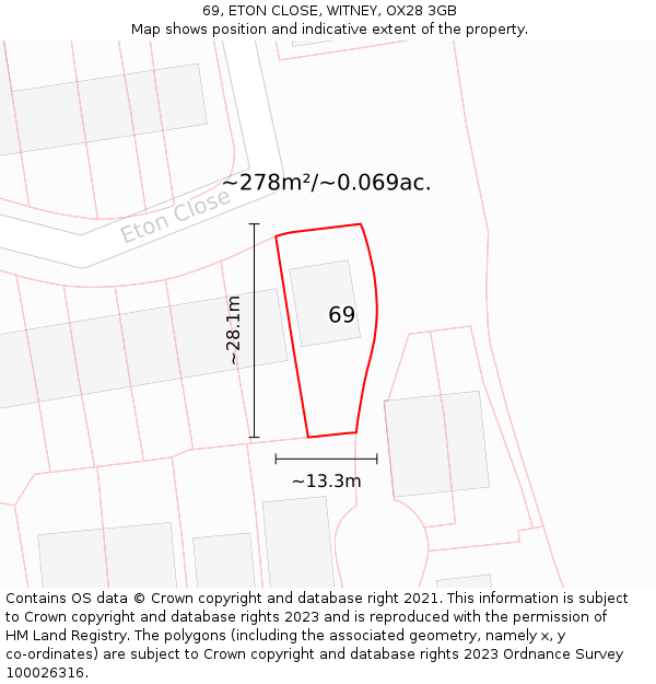 69, ETON CLOSE, WITNEY, OX28 3GB: Plot and title map