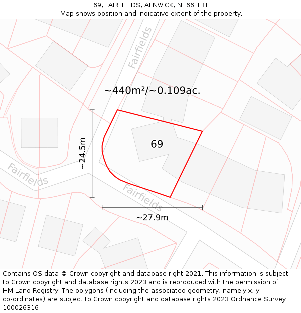 69, FAIRFIELDS, ALNWICK, NE66 1BT: Plot and title map