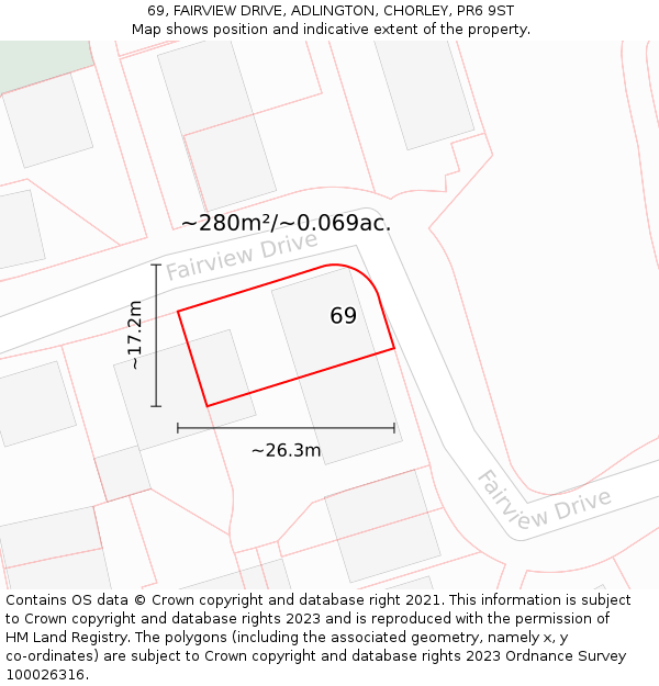 69, FAIRVIEW DRIVE, ADLINGTON, CHORLEY, PR6 9ST: Plot and title map