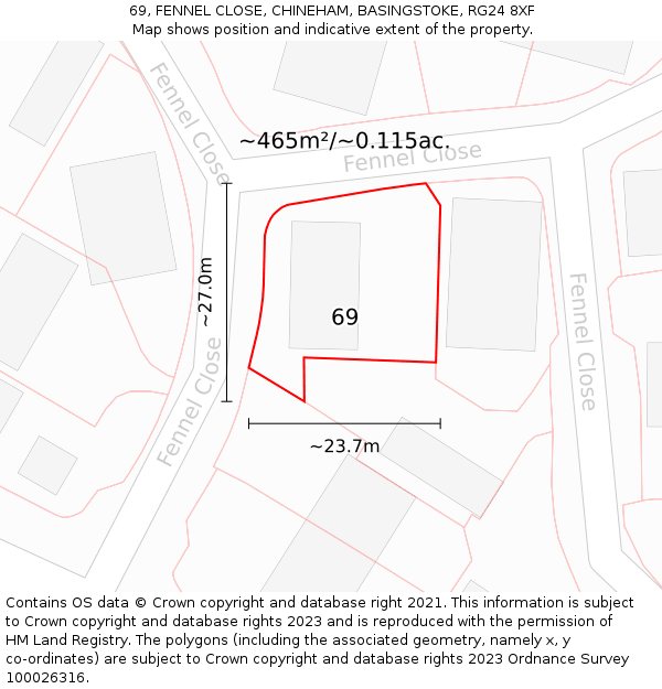 69, FENNEL CLOSE, CHINEHAM, BASINGSTOKE, RG24 8XF: Plot and title map