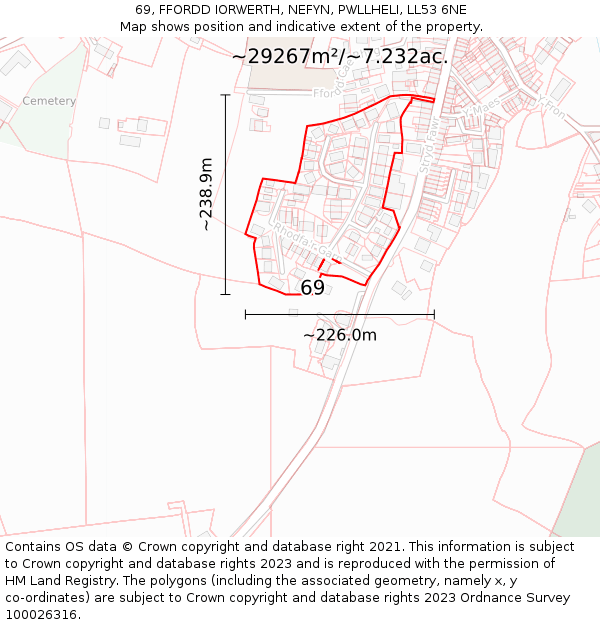69, FFORDD IORWERTH, NEFYN, PWLLHELI, LL53 6NE: Plot and title map