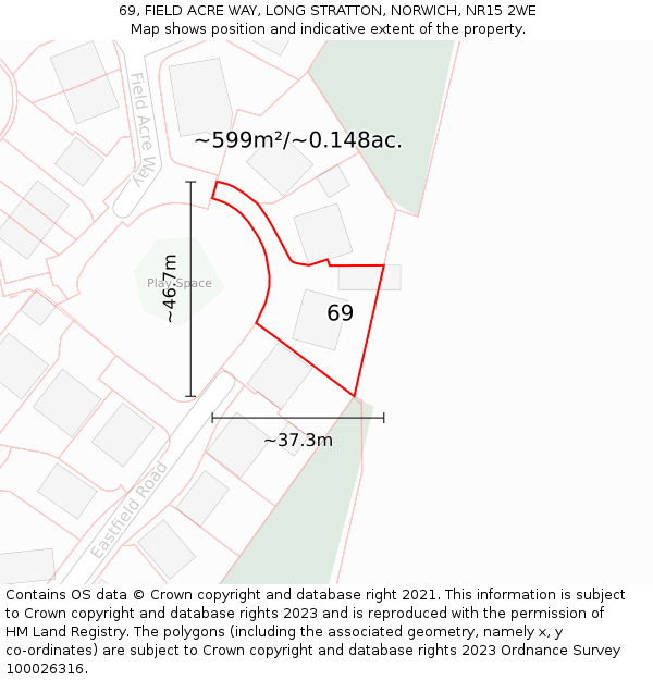 69, FIELD ACRE WAY, LONG STRATTON, NORWICH, NR15 2WE: Plot and title map