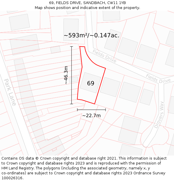 69, FIELDS DRIVE, SANDBACH, CW11 1YB: Plot and title map