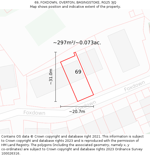69, FOXDOWN, OVERTON, BASINGSTOKE, RG25 3JQ: Plot and title map
