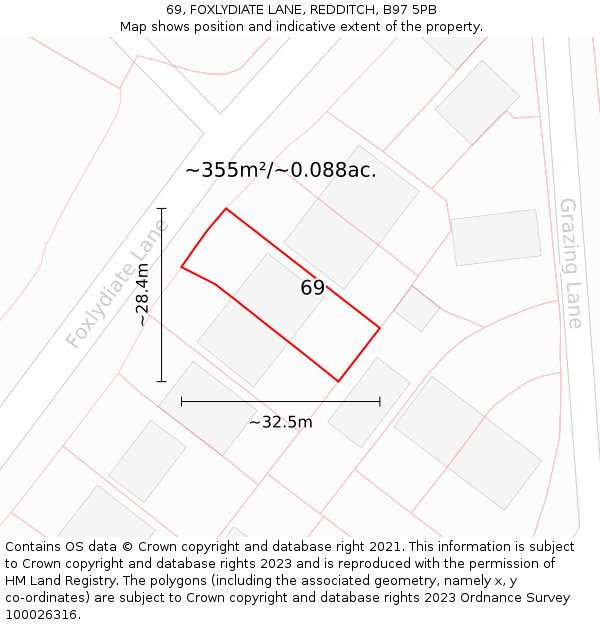 69, FOXLYDIATE LANE, REDDITCH, B97 5PB: Plot and title map