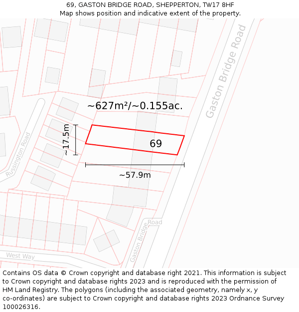 69, GASTON BRIDGE ROAD, SHEPPERTON, TW17 8HF: Plot and title map