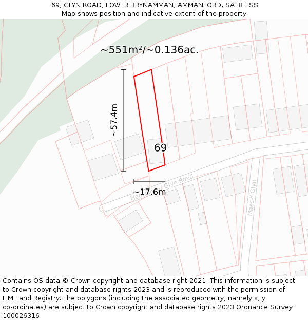 69, GLYN ROAD, LOWER BRYNAMMAN, AMMANFORD, SA18 1SS: Plot and title map