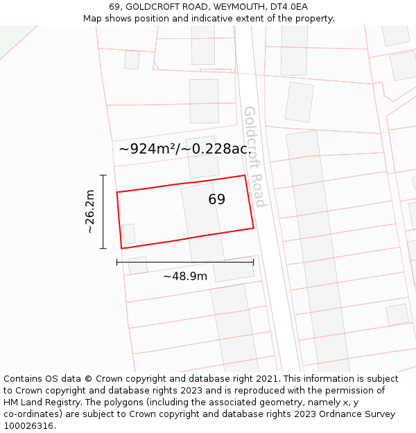 69, GOLDCROFT ROAD, WEYMOUTH, DT4 0EA: Plot and title map