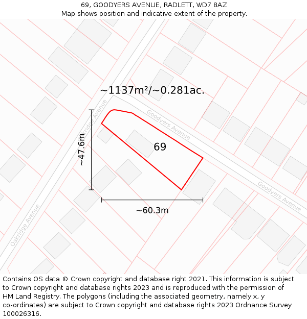 69, GOODYERS AVENUE, RADLETT, WD7 8AZ: Plot and title map