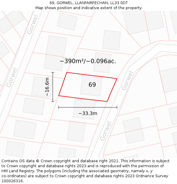 69, GORWEL, LLANFAIRFECHAN, LL33 0DT: Plot and title map
