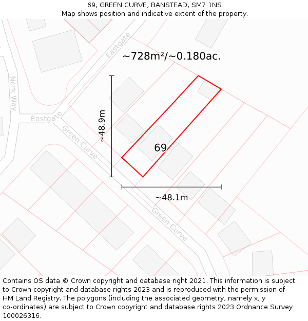 69, GREEN CURVE, BANSTEAD, SM7 1NS: Plot and title map