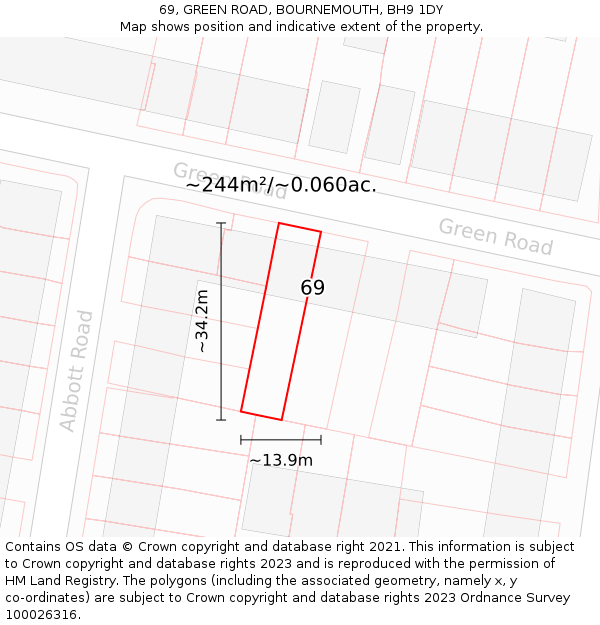 69, GREEN ROAD, BOURNEMOUTH, BH9 1DY: Plot and title map