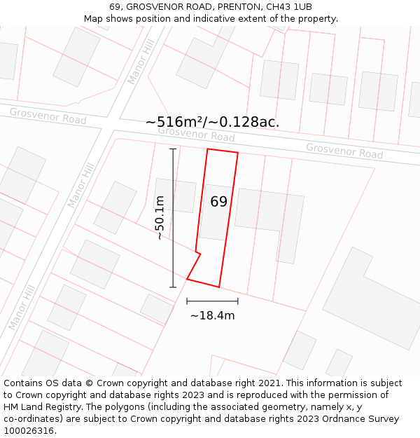 69, GROSVENOR ROAD, PRENTON, CH43 1UB: Plot and title map