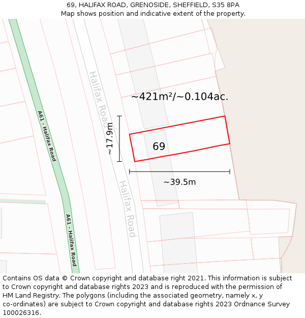 69, HALIFAX ROAD, GRENOSIDE, SHEFFIELD, S35 8PA: Plot and title map