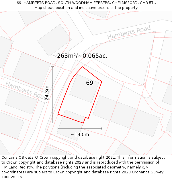 69, HAMBERTS ROAD, SOUTH WOODHAM FERRERS, CHELMSFORD, CM3 5TU: Plot and title map