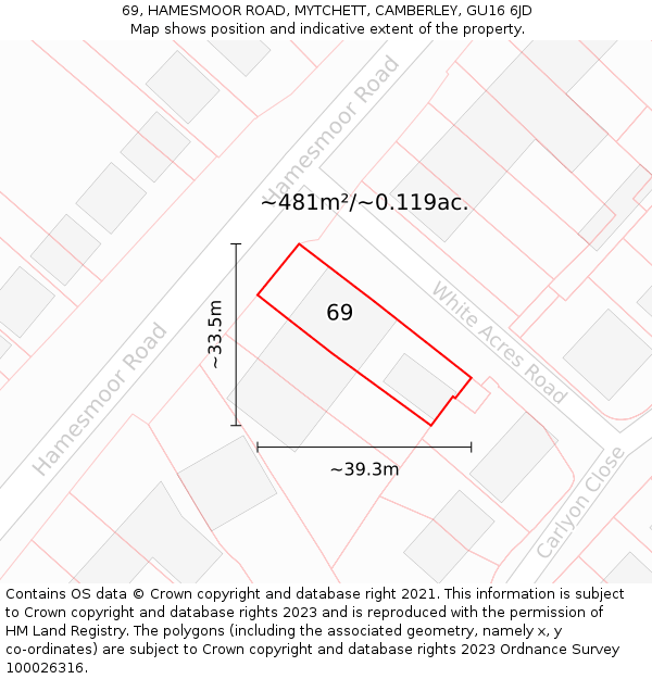 69, HAMESMOOR ROAD, MYTCHETT, CAMBERLEY, GU16 6JD: Plot and title map