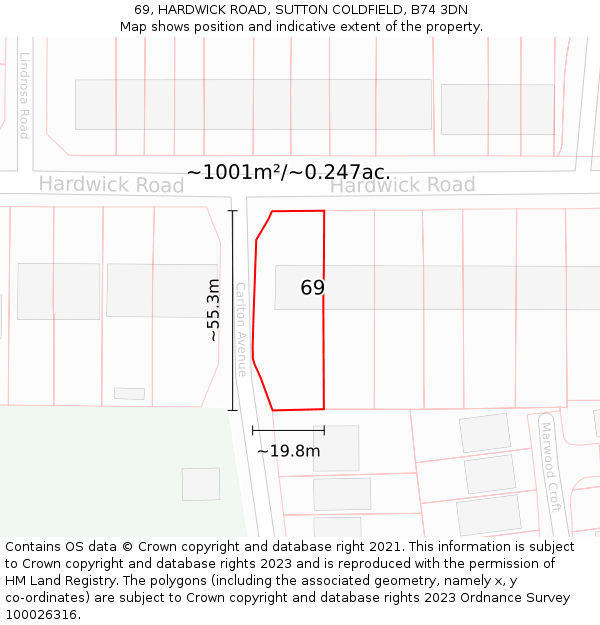 69, HARDWICK ROAD, SUTTON COLDFIELD, B74 3DN: Plot and title map