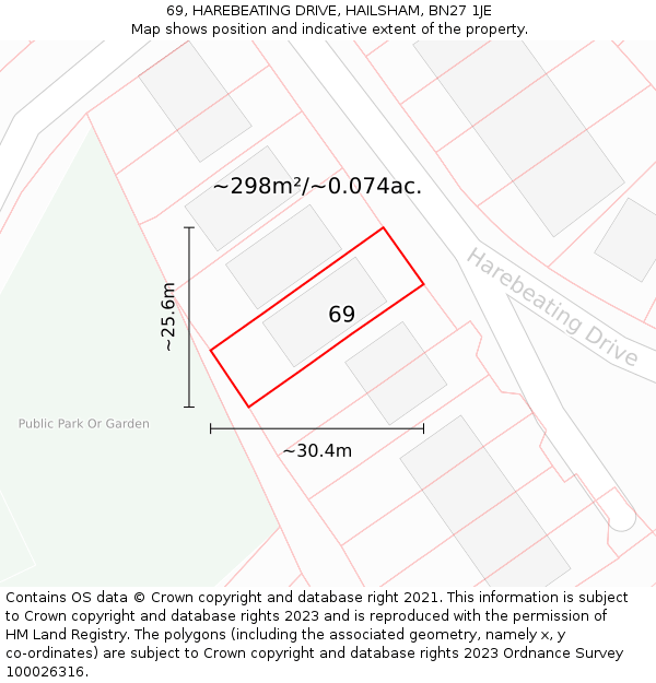 69, HAREBEATING DRIVE, HAILSHAM, BN27 1JE: Plot and title map