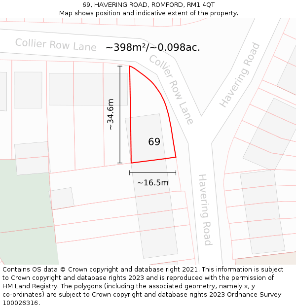 69, HAVERING ROAD, ROMFORD, RM1 4QT: Plot and title map