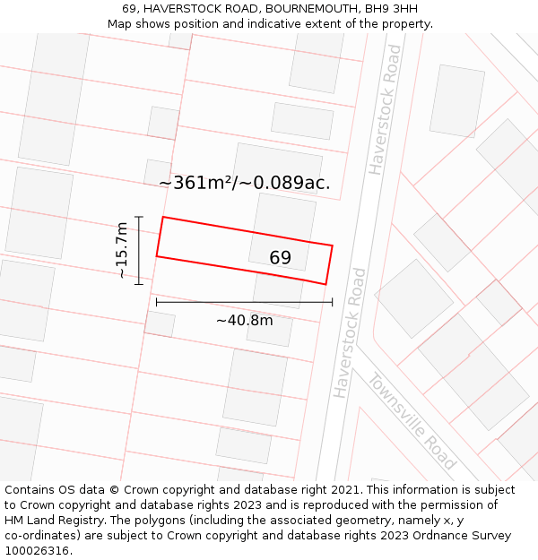 69, HAVERSTOCK ROAD, BOURNEMOUTH, BH9 3HH: Plot and title map