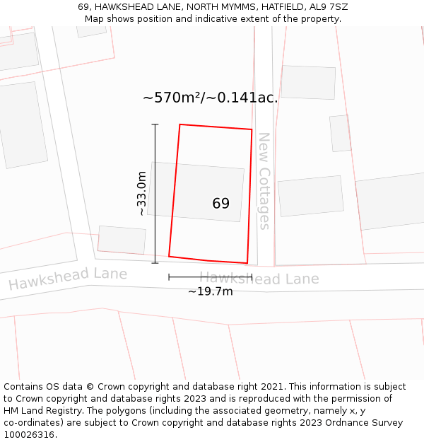 69, HAWKSHEAD LANE, NORTH MYMMS, HATFIELD, AL9 7SZ: Plot and title map