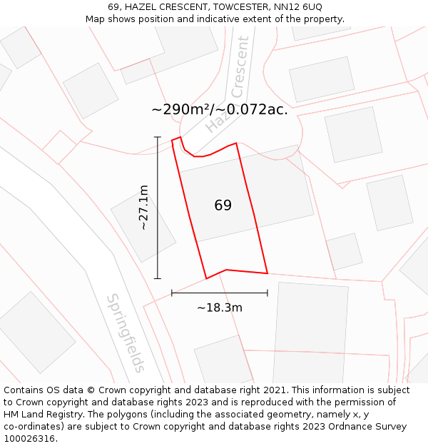 69, HAZEL CRESCENT, TOWCESTER, NN12 6UQ: Plot and title map