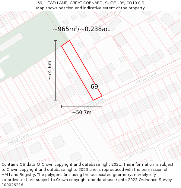 69, HEAD LANE, GREAT CORNARD, SUDBURY, CO10 0JS: Plot and title map