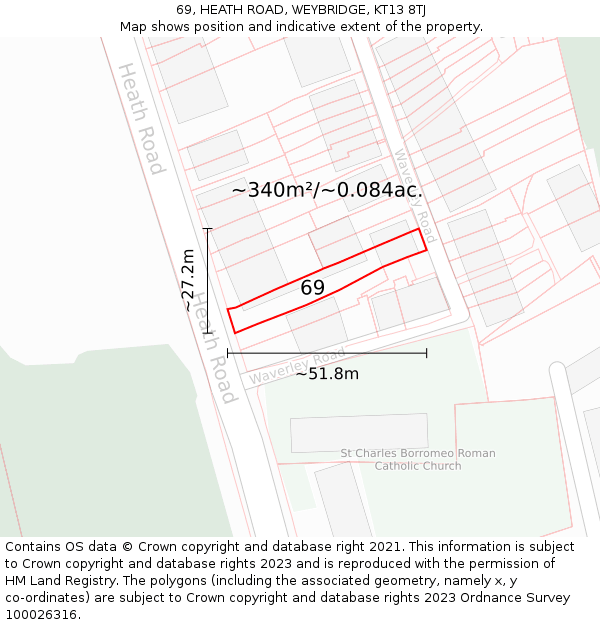69, HEATH ROAD, WEYBRIDGE, KT13 8TJ: Plot and title map