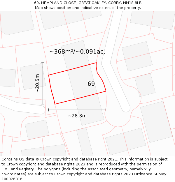 69, HEMPLAND CLOSE, GREAT OAKLEY, CORBY, NN18 8LR: Plot and title map