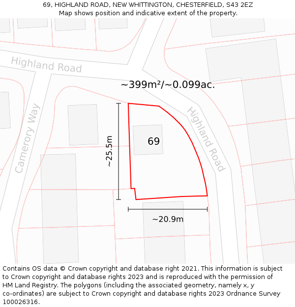 69, HIGHLAND ROAD, NEW WHITTINGTON, CHESTERFIELD, S43 2EZ: Plot and title map