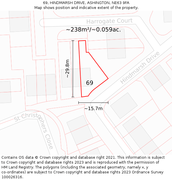 69, HINDMARSH DRIVE, ASHINGTON, NE63 9FA: Plot and title map
