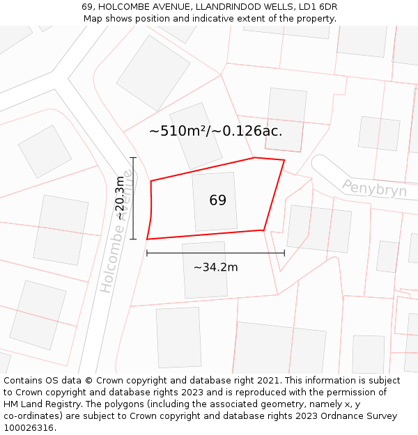 69, HOLCOMBE AVENUE, LLANDRINDOD WELLS, LD1 6DR: Plot and title map