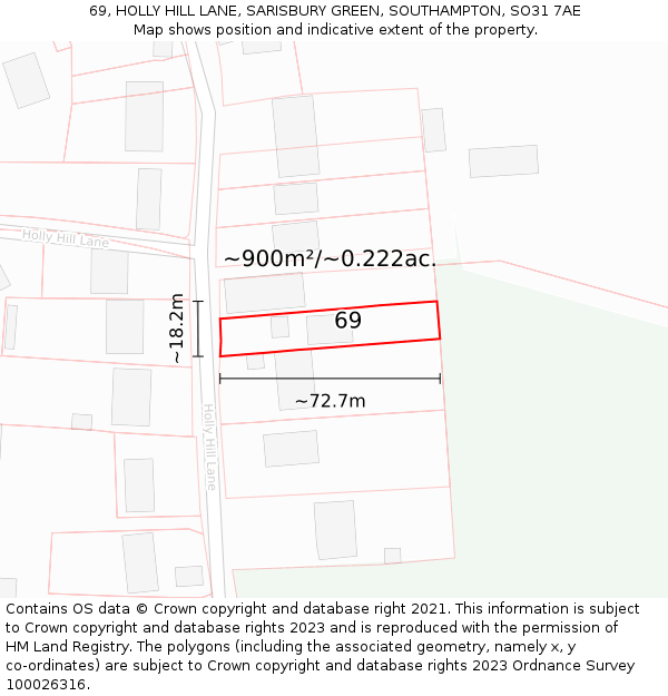 69, HOLLY HILL LANE, SARISBURY GREEN, SOUTHAMPTON, SO31 7AE: Plot and title map